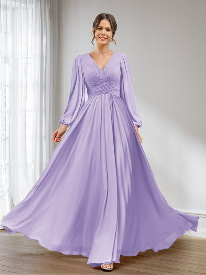 A-Linie/Princess-Linie V-Ausschnitt Lange Ärmel Chiffon Lange Brautjungfernkleider mit Taschen