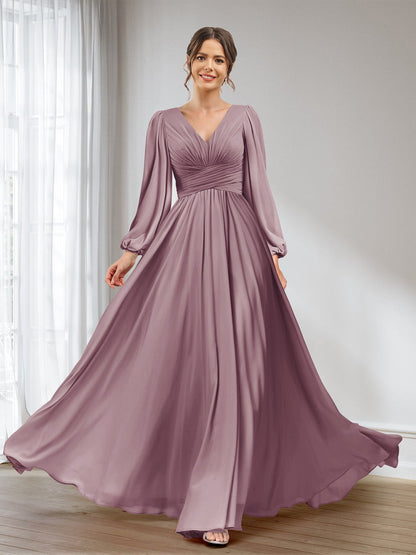 A-Linie/Princess-Linie V-Ausschnitt Lange Ärmel Chiffon Lange Brautjungfernkleider mit Taschen