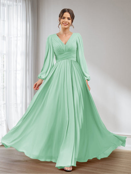 A-Linie/Princess-Linie V-Ausschnitt Lange Ärmel Chiffon Lange Brautjungfernkleider mit Taschen