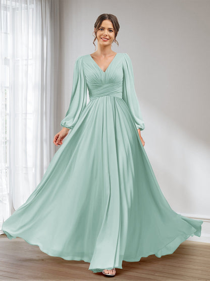 A-Linie/Princess-Linie V-Ausschnitt Lange Ärmel Chiffon Lange Brautjungfernkleider mit Taschen