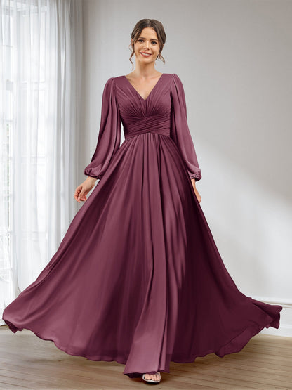 A-Linie/Princess-Linie V-Ausschnitt Lange Ärmel Chiffon Lange Brautjungfernkleider mit Taschen