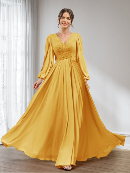 A-Linie/Princess-Linie V-Ausschnitt Lange Ärmel Chiffon Lange Brautjungfernkleider mit Taschen