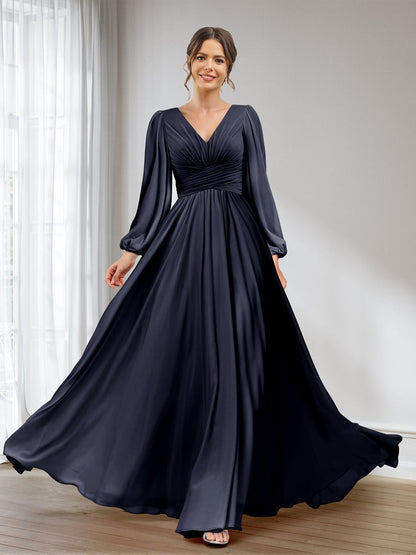 A-Linie/Princess-Linie V-Ausschnitt Lange Ärmel Chiffon Lange Brautjungfernkleider mit Taschen