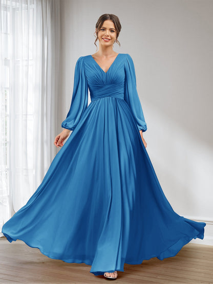 A-Linie/Princess-Linie V-Ausschnitt Lange Ärmel Chiffon Lange Brautjungfernkleider mit Taschen