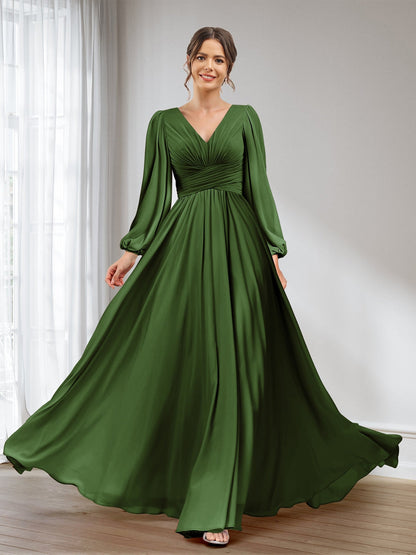 A-Linie/Princess-Linie V-Ausschnitt Lange Ärmel Chiffon Lange Brautjungfernkleider mit Taschen
