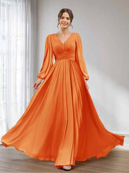 A-Linie/Princess-Linie V-Ausschnitt Lange Ärmel Chiffon Lange Brautjungfernkleider mit Taschen