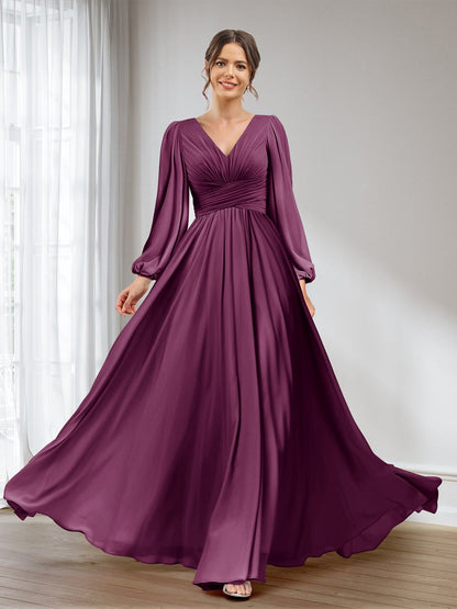 A-Linie/Princess-Linie V-Ausschnitt Lange Ärmel Chiffon Lange Brautjungfernkleider mit Taschen