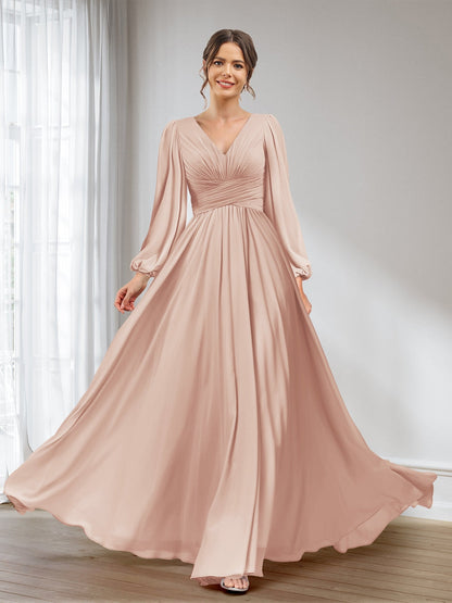 A-Linie/Princess-Linie V-Ausschnitt Lange Ärmel Chiffon Lange Brautjungfernkleider mit Taschen