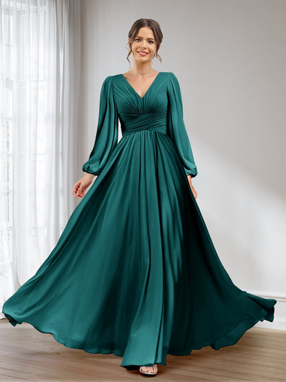 A-Linie/Princess-Linie V-Ausschnitt Lange Ärmel Chiffon Lange Brautjungfernkleider mit Taschen