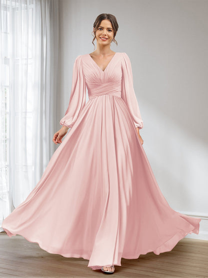 A-Linie/Princess-Linie V-Ausschnitt Lange Ärmel Chiffon Lange Brautjungfernkleider mit Taschen