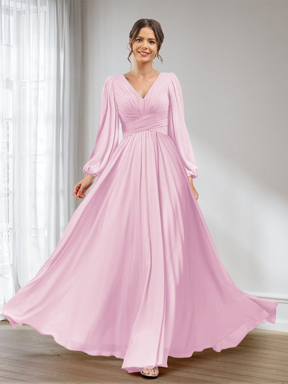 A-Linie/Princess-Linie V-Ausschnitt Lange Ärmel Chiffon Lange Brautjungfernkleider mit Taschen