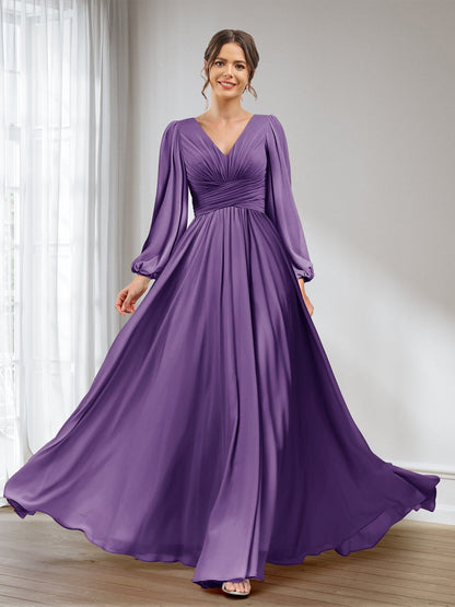 A-Linie/Princess-Linie V-Ausschnitt Lange Ärmel Chiffon Lange Brautjungfernkleider mit Taschen
