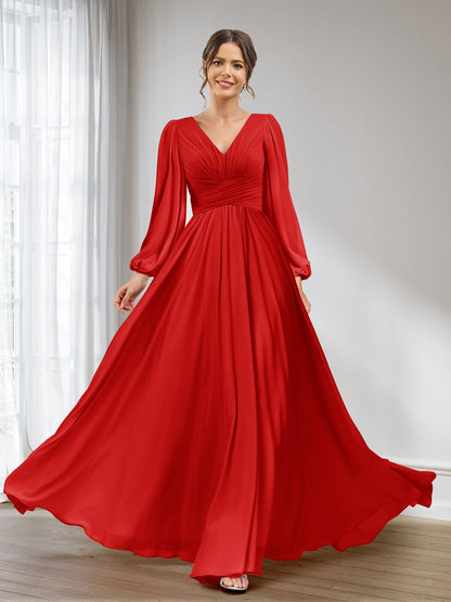 A-Linie/Princess-Linie V-Ausschnitt Lange Ärmel Chiffon Lange Brautjungfernkleider mit Taschen