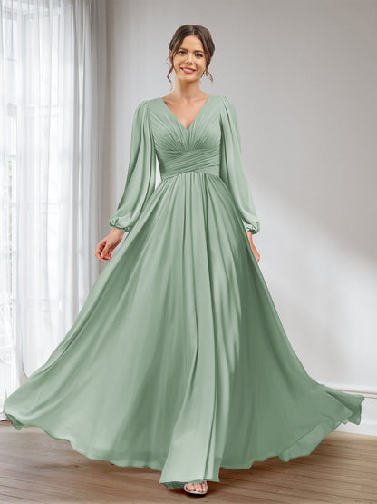 A-Linie/Princess-Linie V-Ausschnitt Lange Ärmel Chiffon Lange Brautjungfernkleider mit Taschen