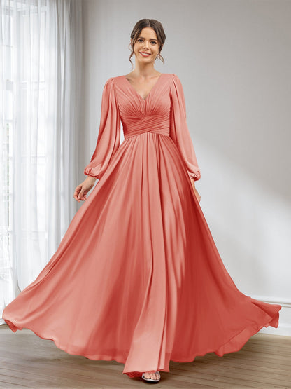 A-Linie/Princess-Linie V-Ausschnitt Lange Ärmel Chiffon Lange Brautjungfernkleider mit Taschen
