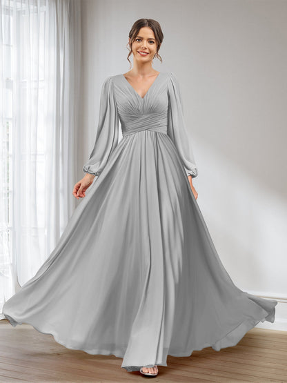 A-Linie/Princess-Linie V-Ausschnitt Lange Ärmel Chiffon Lange Brautjungfernkleider mit Taschen