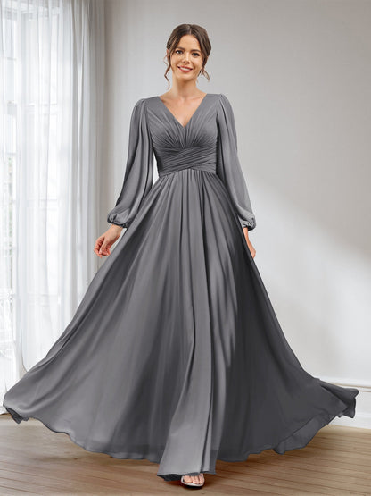 A-Linie/Princess-Linie V-Ausschnitt Lange Ärmel Chiffon Lange Brautjungfernkleider mit Taschen