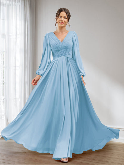 A-Linie/Princess-Linie V-Ausschnitt Lange Ärmel Chiffon Lange Brautjungfernkleider mit Taschen