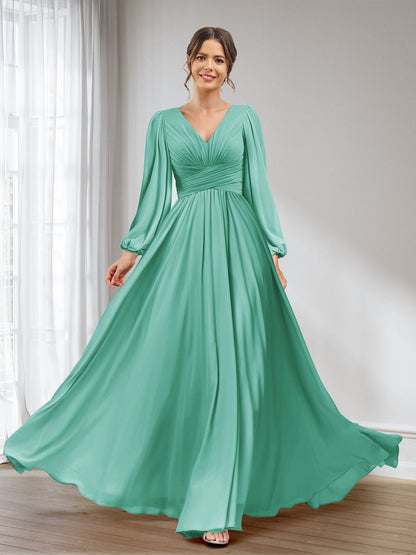 A-Linie/Princess-Linie V-Ausschnitt Lange Ärmel Chiffon Lange Brautjungfernkleider mit Taschen