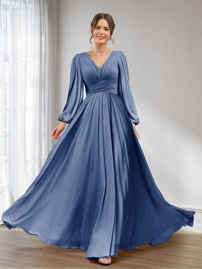 A-Linie/Princess-Linie V-Ausschnitt Lange Ärmel Chiffon Lange Brautjungfernkleider mit Taschen