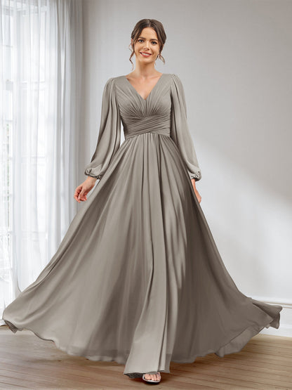 A-Linie/Princess-Linie V-Ausschnitt Lange Ärmel Chiffon Lange Brautjungfernkleider mit Taschen