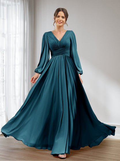 A-Linie/Princess-Linie V-Ausschnitt Lange Ärmel Chiffon Lange Brautjungfernkleider mit Taschen