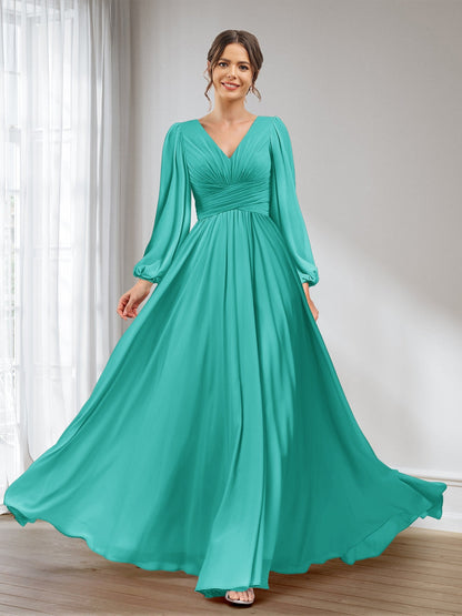 A-Linie/Princess-Linie V-Ausschnitt Lange Ärmel Chiffon Lange Brautjungfernkleider mit Taschen