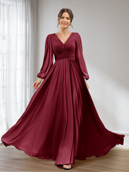 A-Linie/Princess-Linie V-Ausschnitt Lange Ärmel Chiffon Lange Brautjungfernkleider mit Taschen