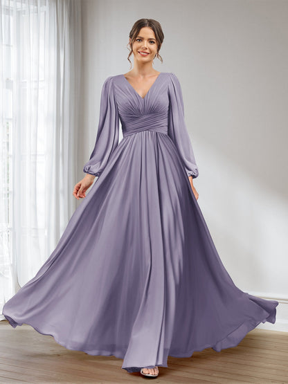 A-Linie/Princess-Linie V-Ausschnitt Lange Ärmel Chiffon Lange Brautjungfernkleider mit Taschen