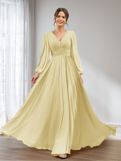 A-Linie/Princess-Linie V-Ausschnitt Lange Ärmel Chiffon Lange Brautjungfernkleider mit Taschen