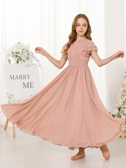 A-Linie/Princess-Linie Chiffon Kurze Ärmel U-Ausschnitt Knöchellang Blumenmädchenkleider
