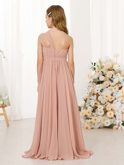 A-Linie/Princess-Linie Chiffon Ärmellos One-Shoulder-Träger Bodenlang Blumenmädchenkleider