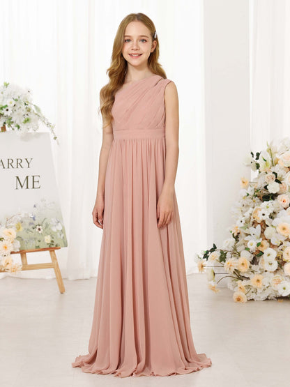 A-Linie/Princess-Linie Chiffon Ärmellos One-Shoulder-Träger Bodenlang Blumenmädchenkleider