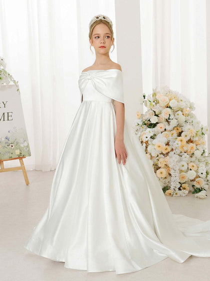 Empire-Linie Satin Kurze Ärmel Off-the-Shoulder-Träger Bodenlang Blumenmädchenkleider