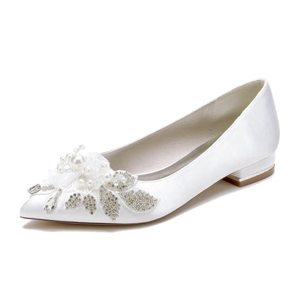 Damen Seidensatin mit Blumenperle Strass Geschlossene Zehenpartie Flacher Absatz Partyschuhe