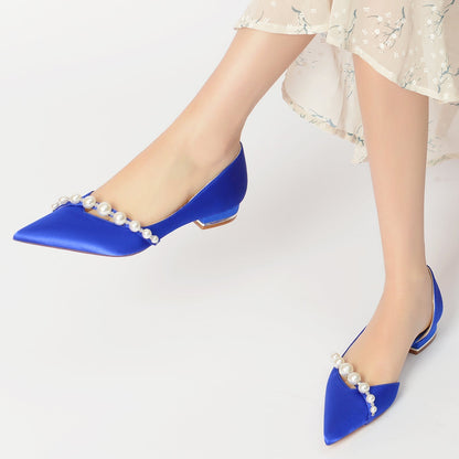 Damen Seidensatin mit Perle Geschlossene Zehe Flacher Absatz Hochzeitsschuhe