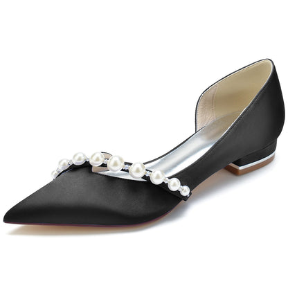 Damen Seidensatin mit Perle Geschlossene Zehe Flacher Absatz Hochzeitsschuhe