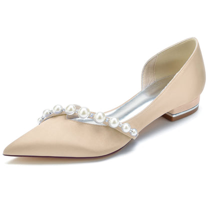 Damen Seidensatin mit Perle Geschlossene Zehe Flacher Absatz Hochzeitsschuhe