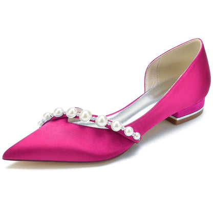 Damen Seidensatin mit Perle Geschlossene Zehe Flacher Absatz Hochzeitsschuhe
