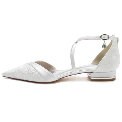 Damen Seidensatin Knöchelriemen mit Spitze Geschlossene Zehenpartie Flacher Absatz Partyschuhe