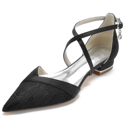 Damen Seidensatin Knöchelriemen mit Spitze Geschlossene Zehenpartie Flacher Absatz Partyschuhe