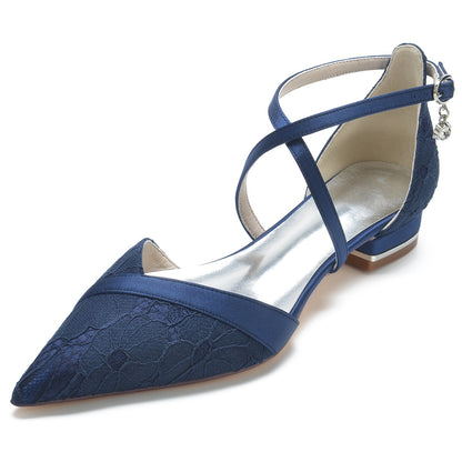 Damen Seidensatin Knöchelriemen mit Spitze Geschlossene Zehenpartie Flacher Absatz Partyschuhe