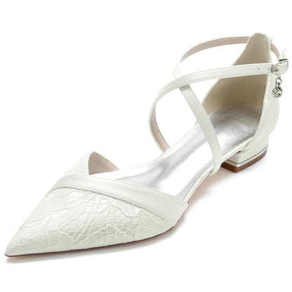 Damen Seidensatin Knöchelriemen mit Spitze Geschlossene Zehenpartie Flacher Absatz Partyschuhe