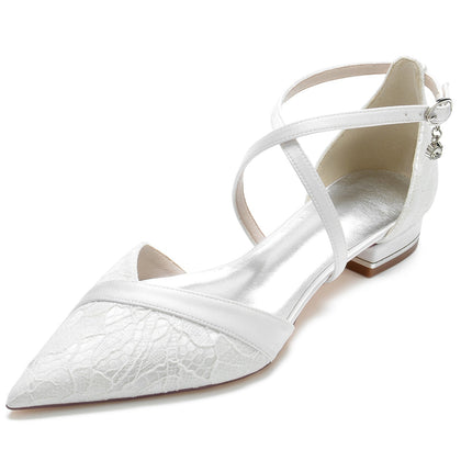 Damen Seidensatin Knöchelriemen mit Spitze Geschlossene Zehenpartie Flacher Absatz Partyschuhe