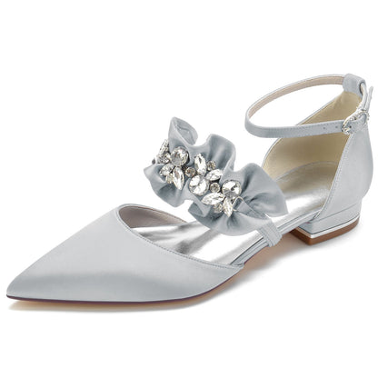 Damen Seidensatin mit Strass Knöchelriemen Geschlossene Zehenpartie Flacher Absatz Partyschuhe