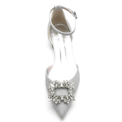 Damen Stretch Glitzer mit Strass Knöchelriemen Geschlossene Zehen Flacher Absatz Abendschuhe