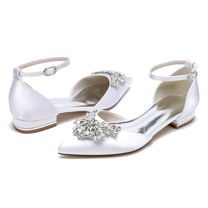 Damen Seidensatin mit Knöchelriemen Strass Geschlossene Zehen Flacher Absatz Abendschuhe