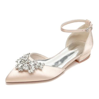 Damen Seidensatin mit Knöchelriemen Strass Geschlossene Zehen Flacher Absatz Abendschuhe