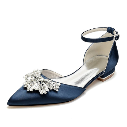 Damen Seidensatin mit Knöchelriemen Strass Geschlossene Zehen Flacher Absatz Abendschuhe