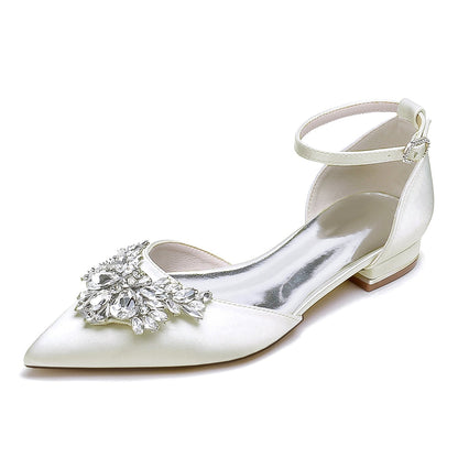 Damen Seidensatin mit Knöchelriemen Strass Geschlossene Zehen Flacher Absatz Abendschuhe